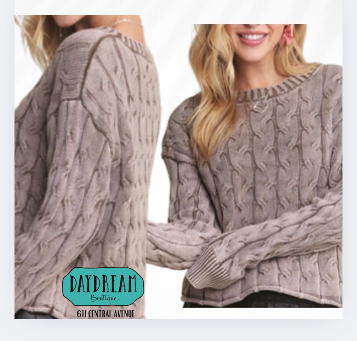 Two women wearing a tan cable-knit sweater. One smiling, indoors.