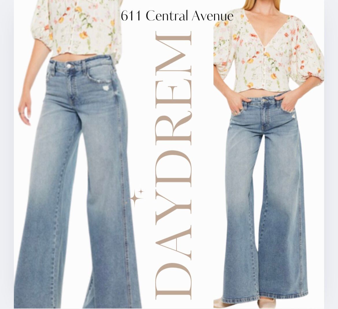 Two women modeling wide-leg jeans and a floral top in a store window.