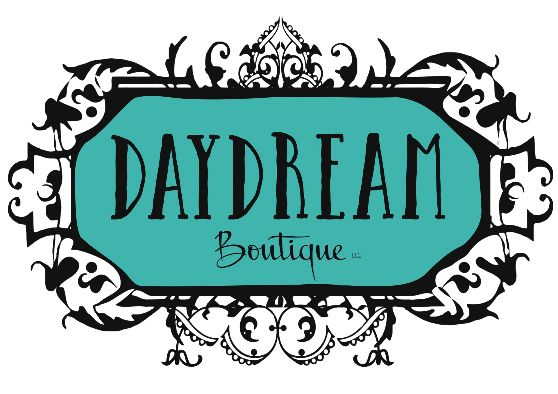 Daydream Boutique logo in black script on a teal background, framed by decorative black swirls.