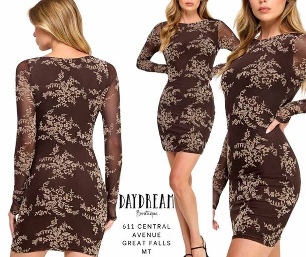 Three models wearing a brown and tan floral print mini dress with long sleeves.
