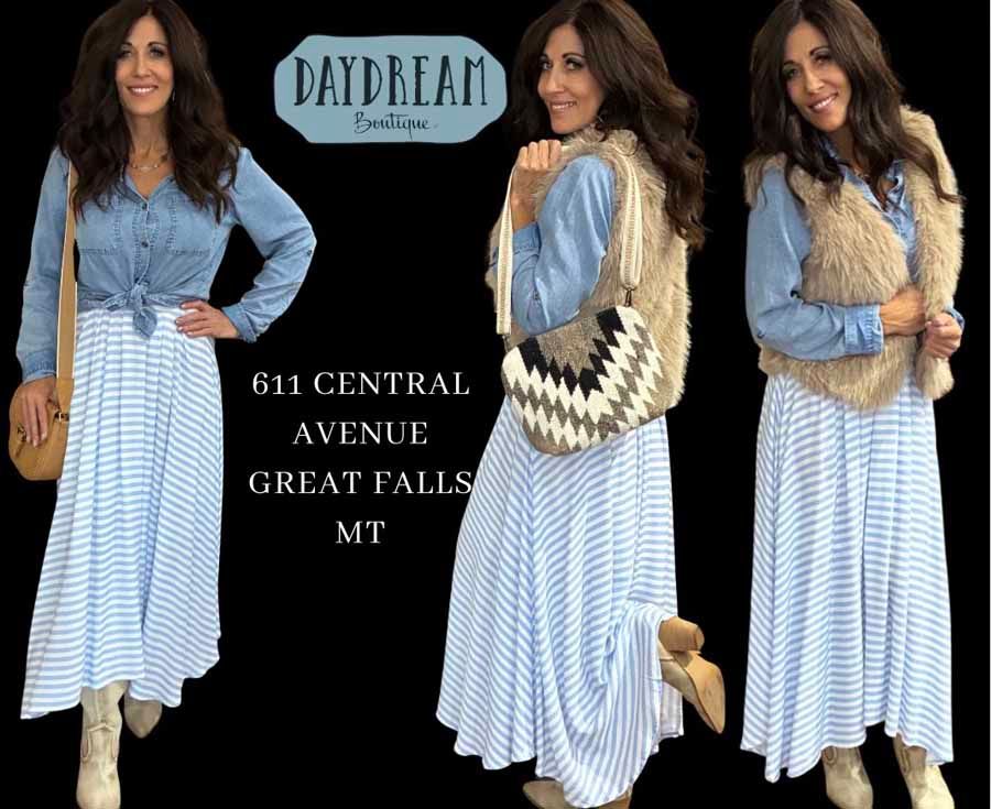 Woman in denim shirt and striped skirt, styled different ways. Daydream Boutique, Great Falls, MT.