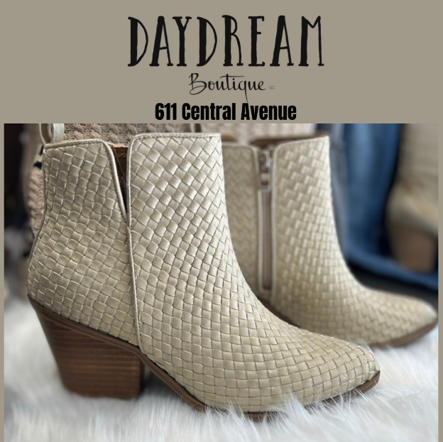 Tan woven leather ankle boots, wooden heel, for sale at Daydream Boutique, 611 Central Avenue.