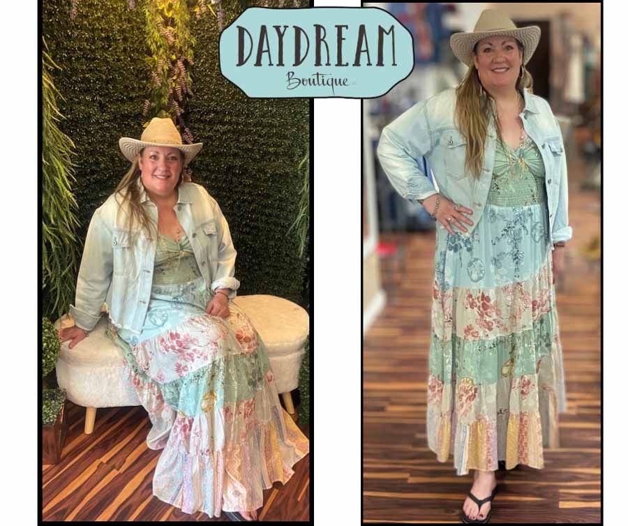 Woman in a floral maxi dress and denim jacket, wearing a cowboy hat. Posing inside and outside a store.