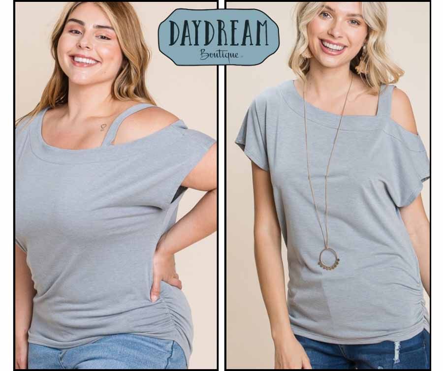 Two women wearing gray, off-the-shoulder tops from 