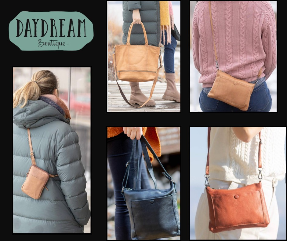 Daydream Boutique bag product shots in brown, black, and tan leather, worn crossbody and carried.