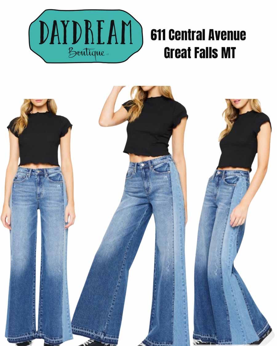 Daydream Boutique ad: women in black tops and two-tone denim pants. Store address: 611 Central Avenue, Great Falls, MT.