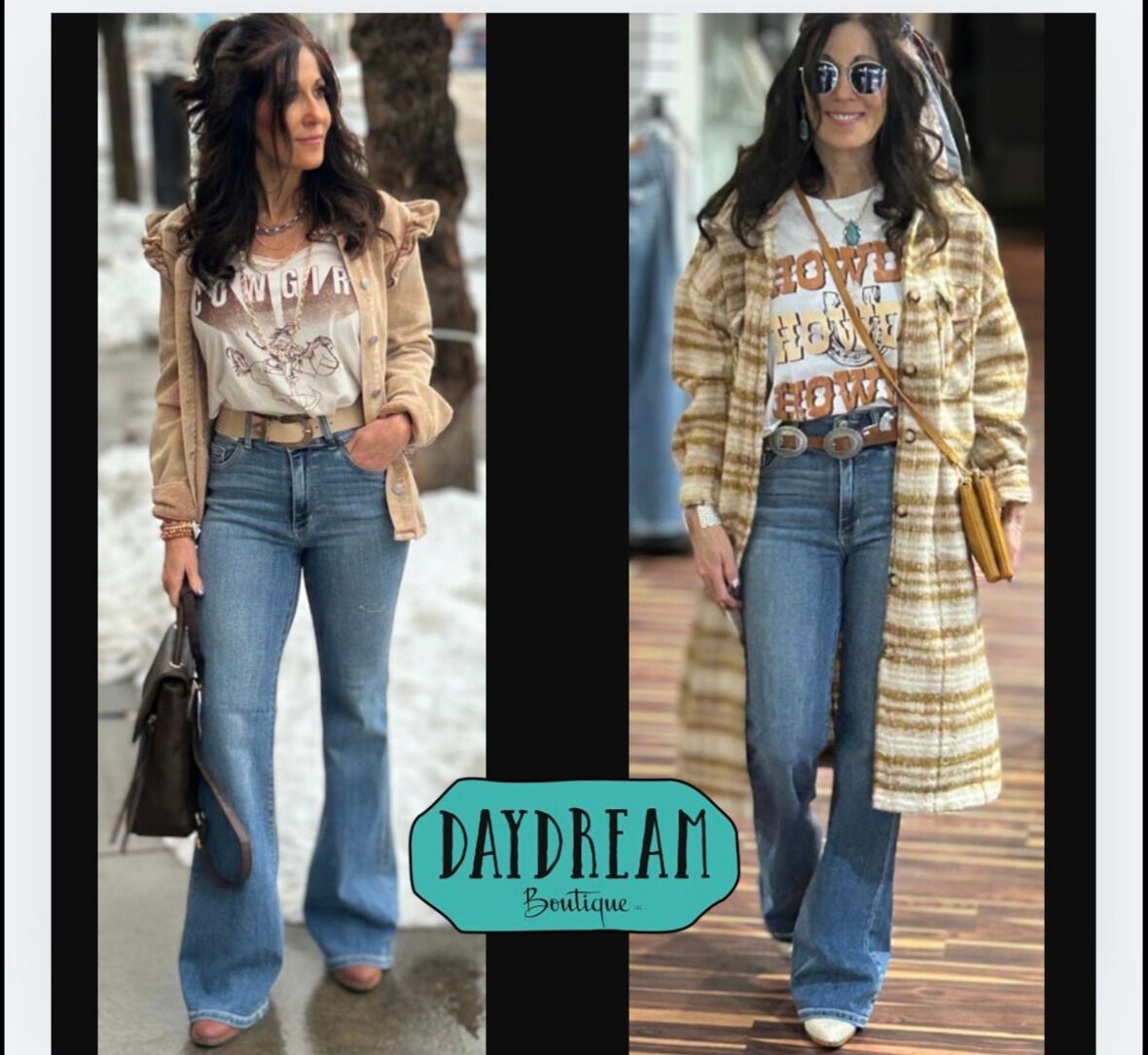 Two women in bell-bottom jeans modeling outfits. One has a tan jacket, and the other wears a plaid coat. 