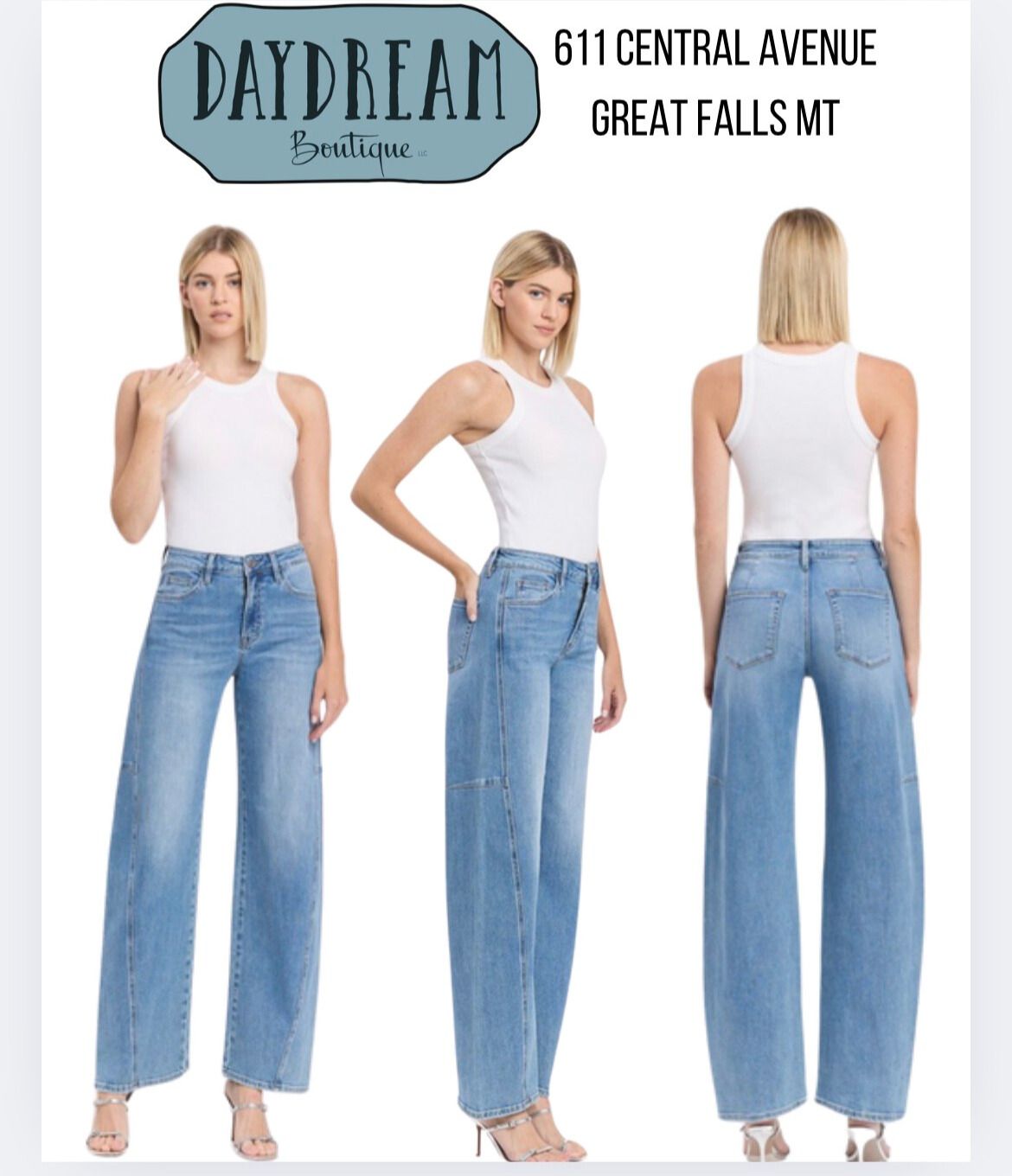 Woman modeling light-wash wide-leg jeans and white tank top. Store logo, address shown.