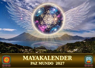Jaguar schwimmt in blauem Wasser mit weißen Blüten. Logo des Maya-Kalenders unten links.