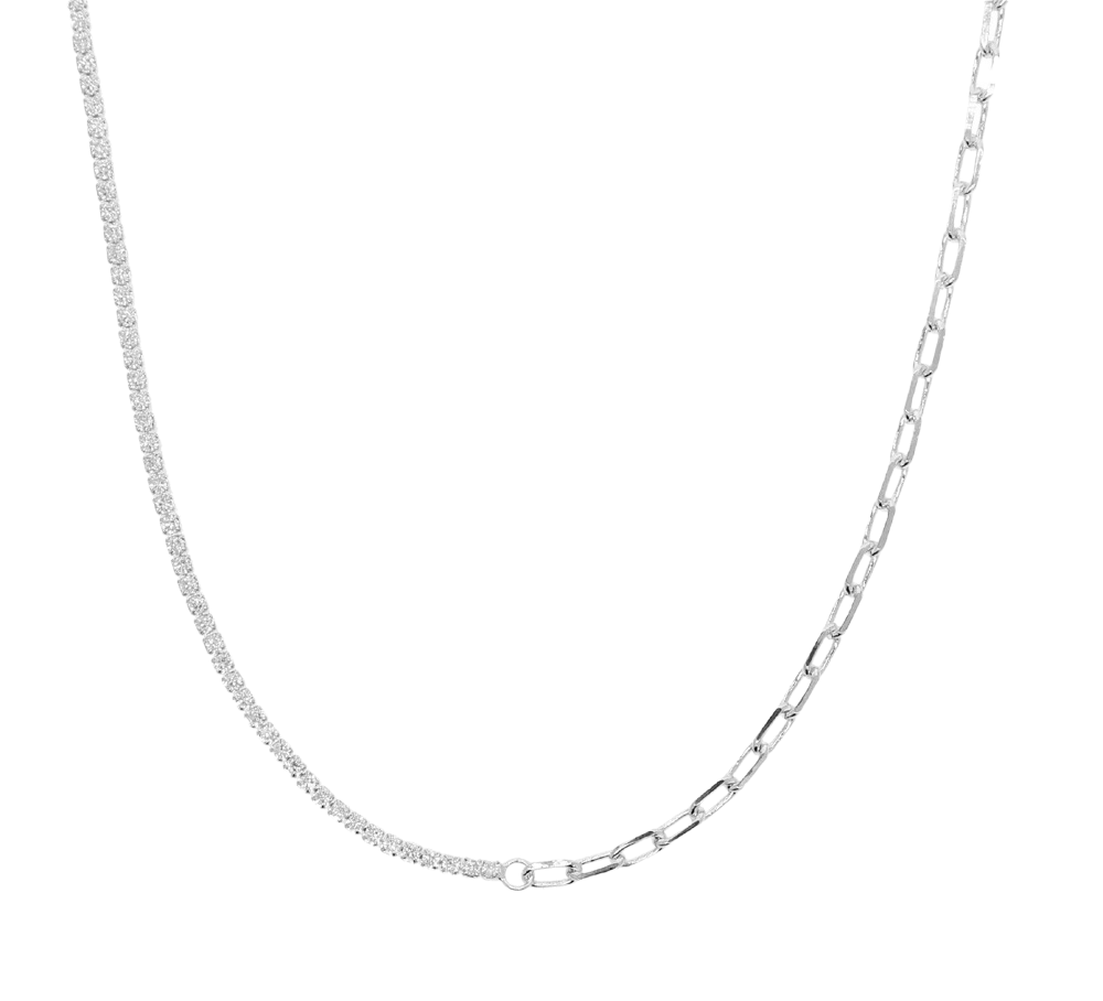 Half Tennis Half Chain Necklace Silver Plated With Zircon