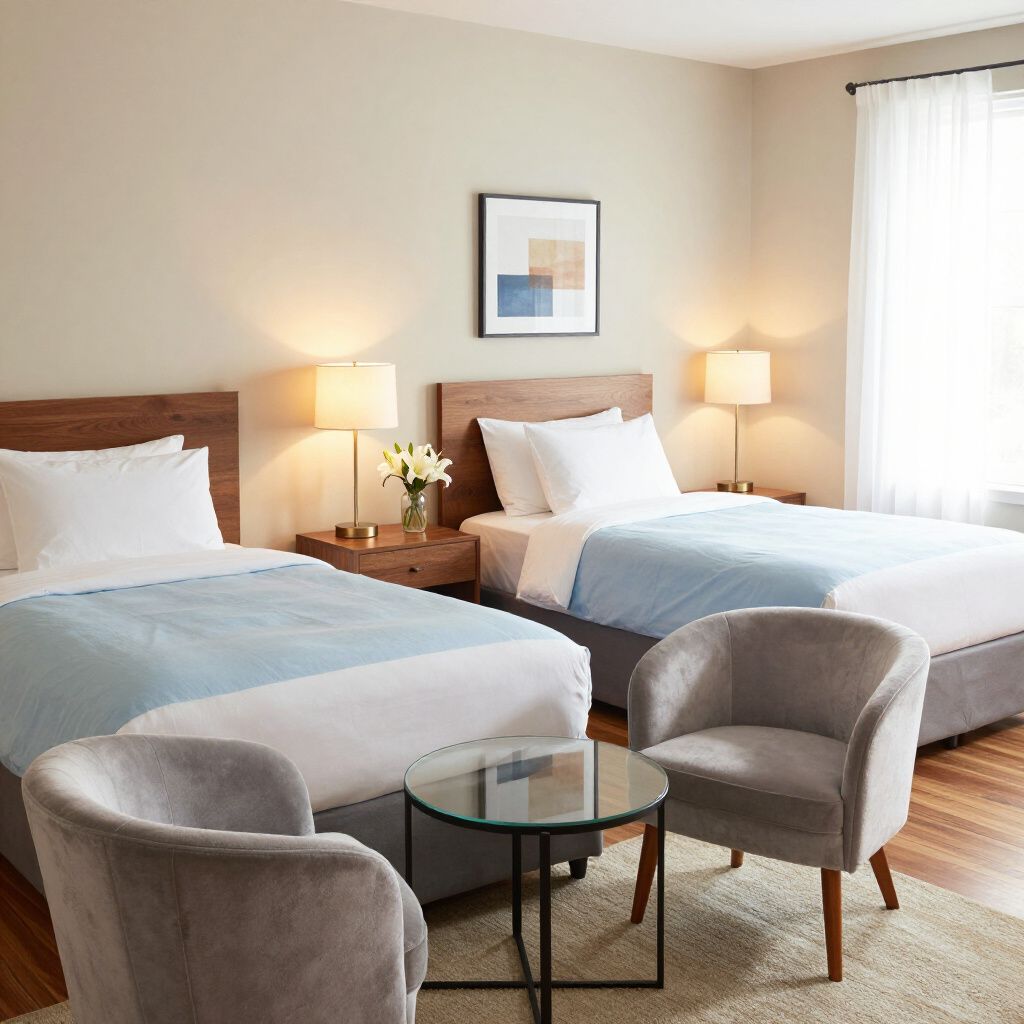 Two twin beds in a hotel room with light blue blankets, two chairs, and a table.