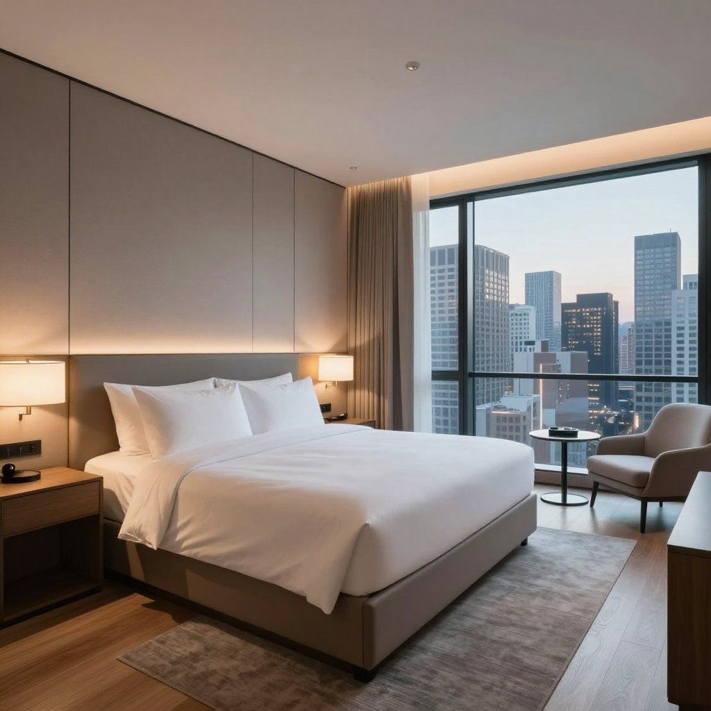 Hotel bedroom with a bed, nightstands, a chair, and a cityscape view through the window.
