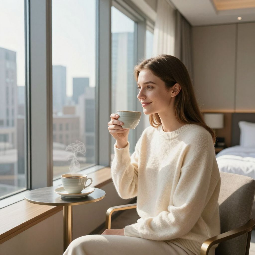 Woman sipping from a mug, looking out a window at a city. Seated, near a table with a cup. Steam rising.