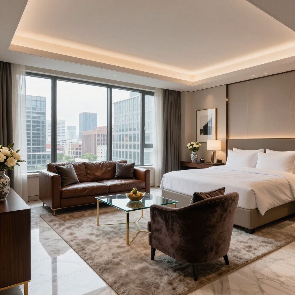 Hotel room with leather sofa, bed, chair, and large window overlooking a city.