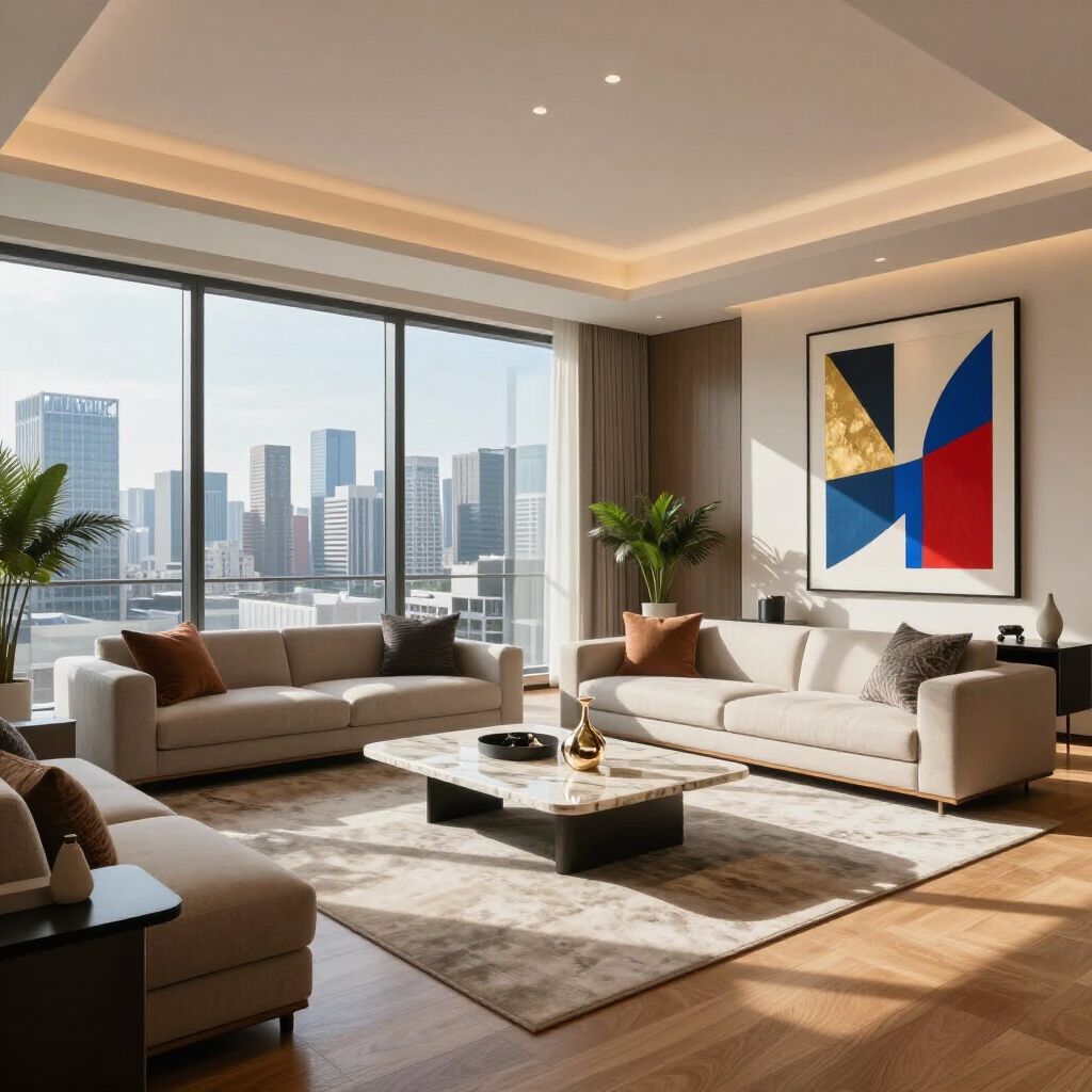 Modern living room with city view, beige sofas, large artwork, and wooden floor.