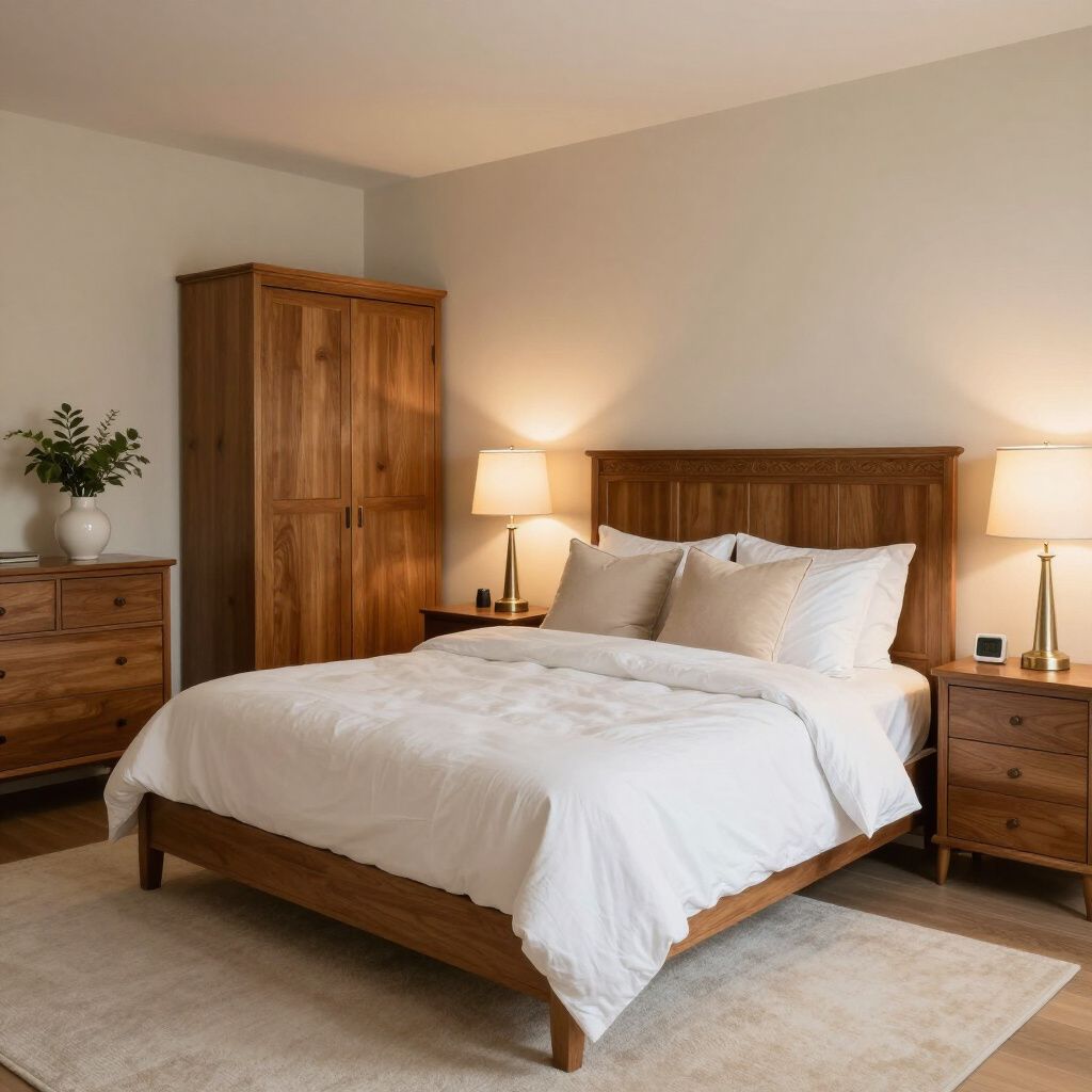 Bedroom with wooden furniture, including a bed, dresser, nightstands, and wardrobe.