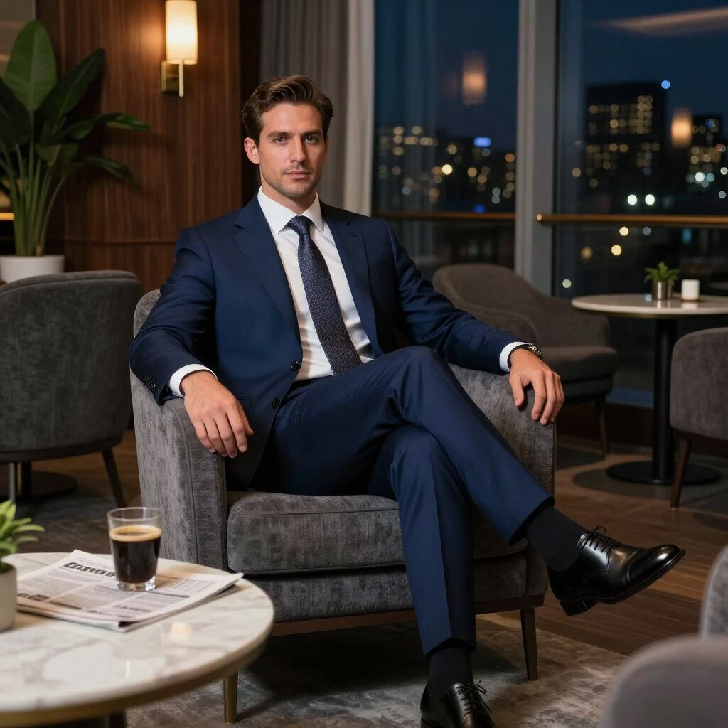 Man in blue suit, sitting in a chair, holding his legs crossed, with a drink and newspaper on the table.