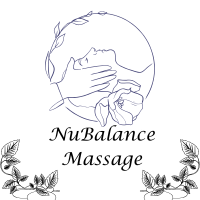 Logo: Massage with hands on face, flower and leaves. "NuBalance Massage".