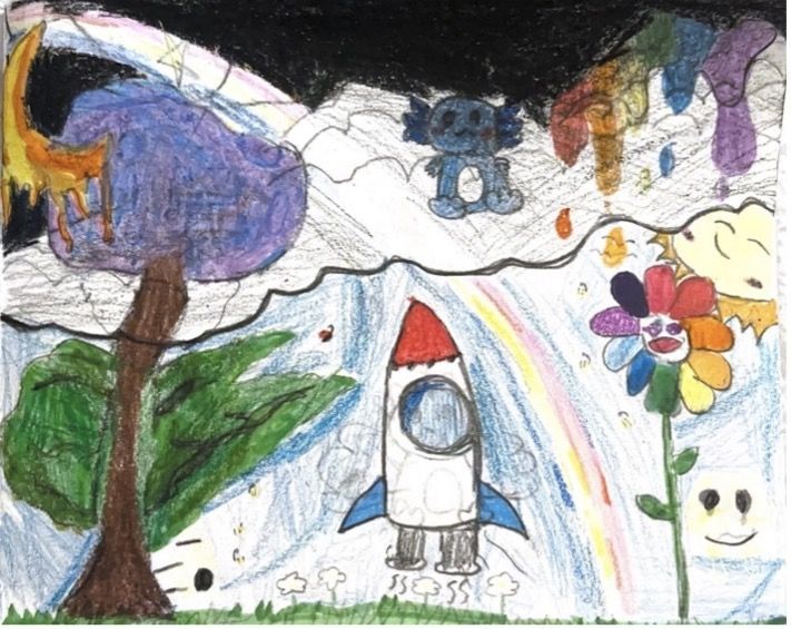 A child 's drawing of a rocket and a rainbow