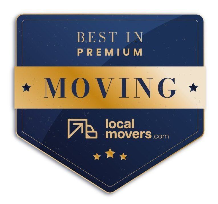 A blue and gold badge that says `` best in premium moving ''.