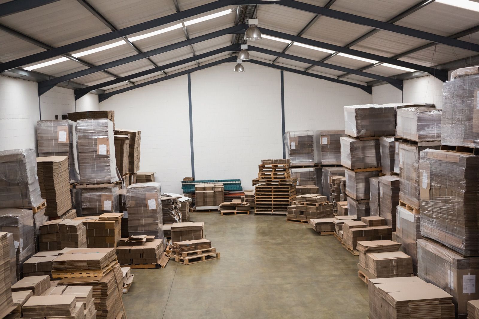 A large warehouse filled with lots of boxes and pallets.