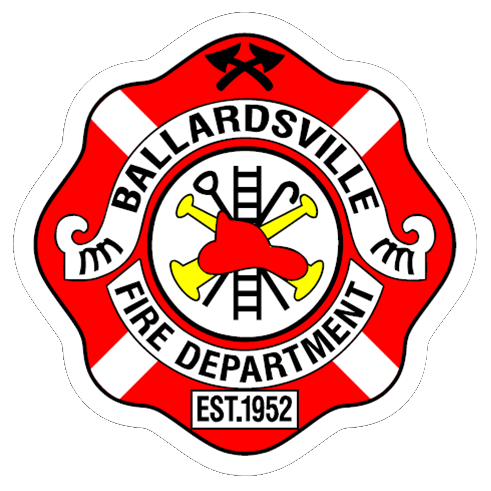 A red and white logo for the ballardsville fire department