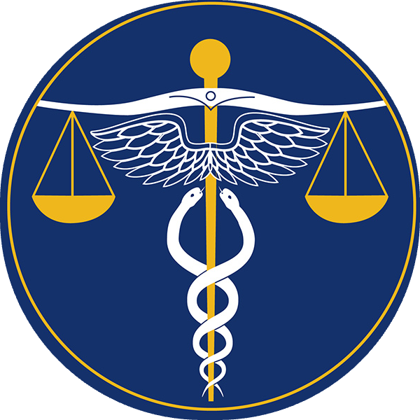 A caduceus symbol with scales of justice on a blue background