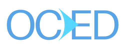 A blue and white logo for oced with a blue arrow.