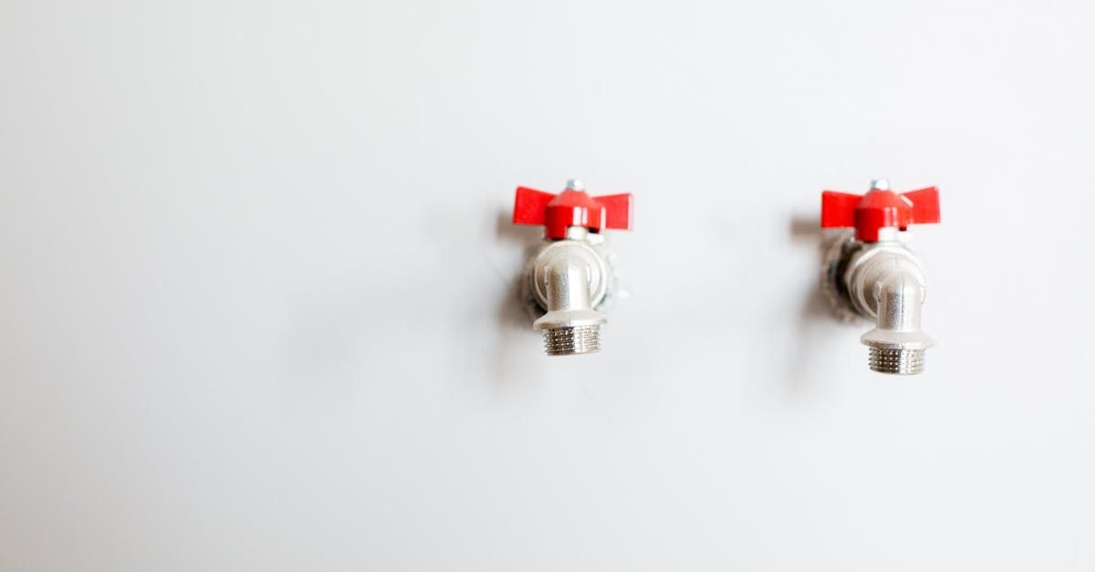 Two water faucets with red handles are hanging on a white wall.