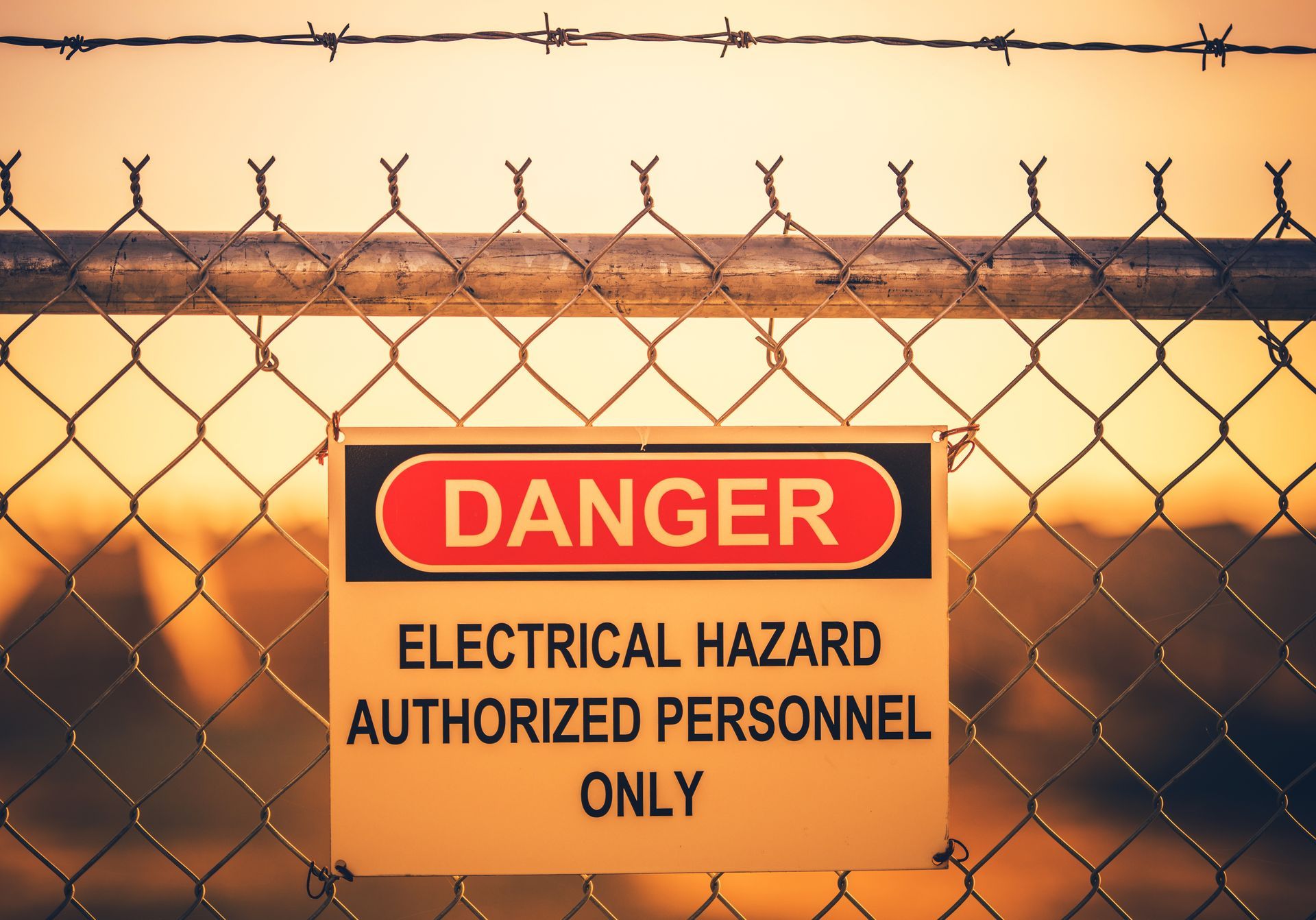 A sign on a chain link fence says danger electrical hazard authorized personnel only