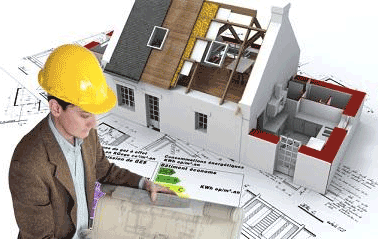 A man wearing a hard hat is looking at a blueprint of a house.