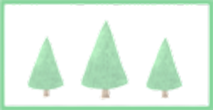 Three green cartoon-like evergreen trees within a light green-bordered box.