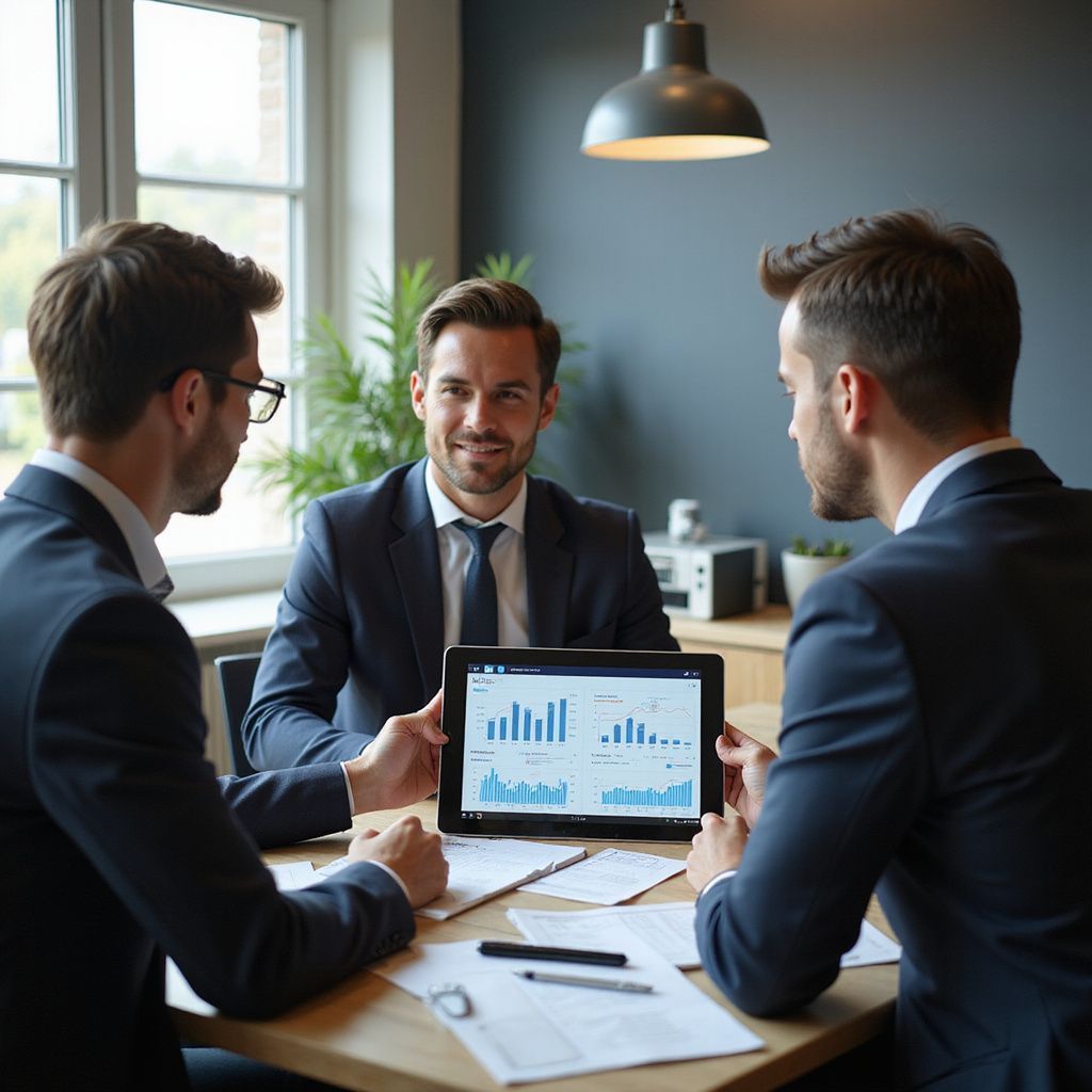 Three businessmen in suits reviewing charts on a tablet, seated at a table.