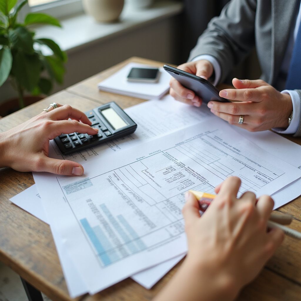 Two people reviewing financial documents, using a calculator and smartphone at a wooden table.