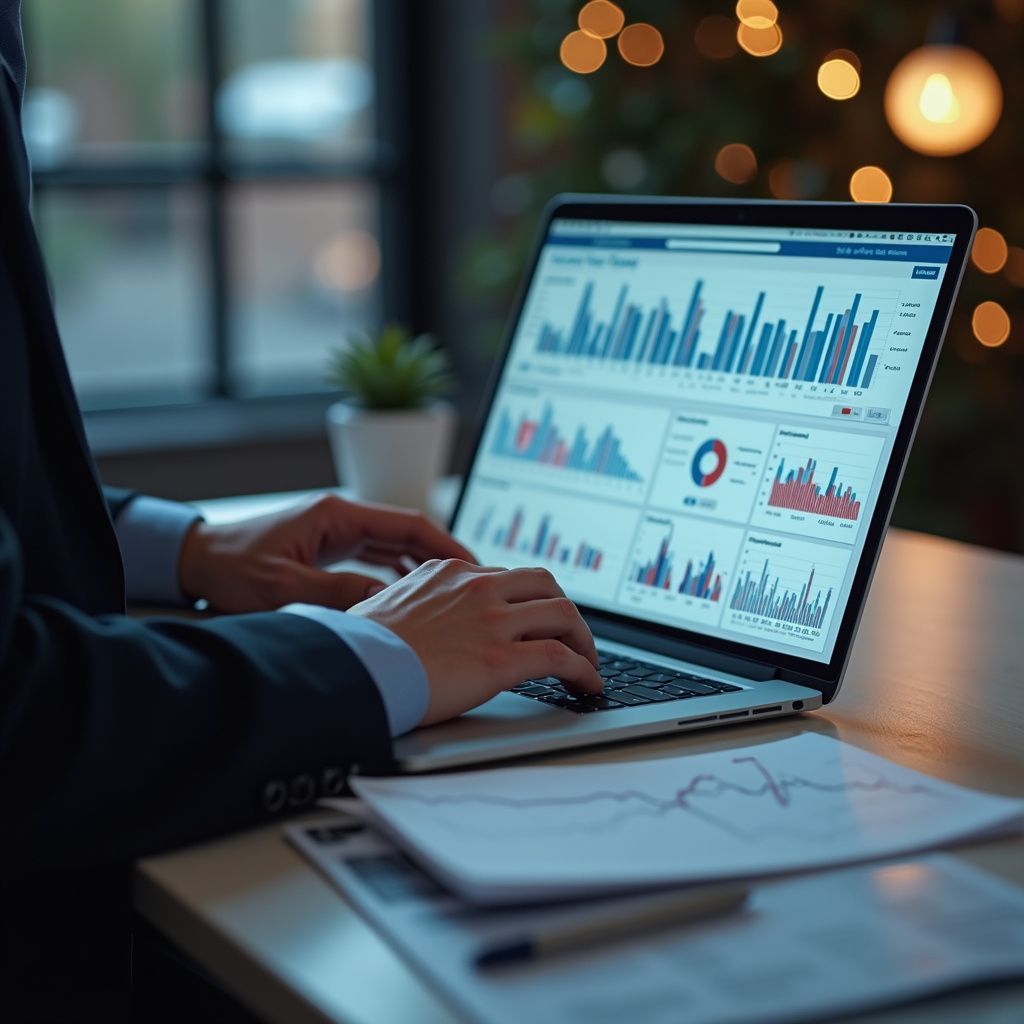 Three businessmen in suits reviewing charts on a tablet, seated at a table.