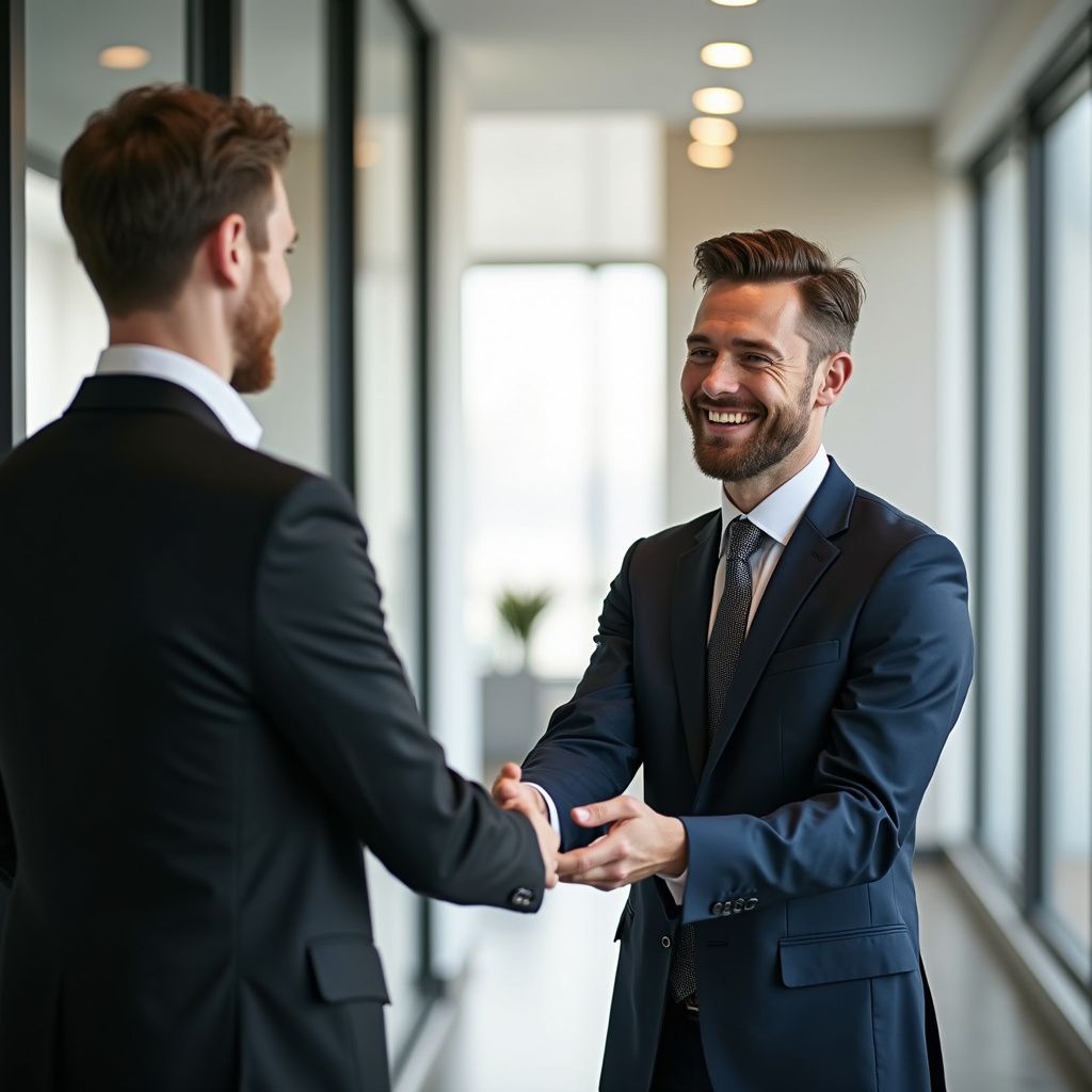 Man and woman in business attire review documents at a table, discussing.
