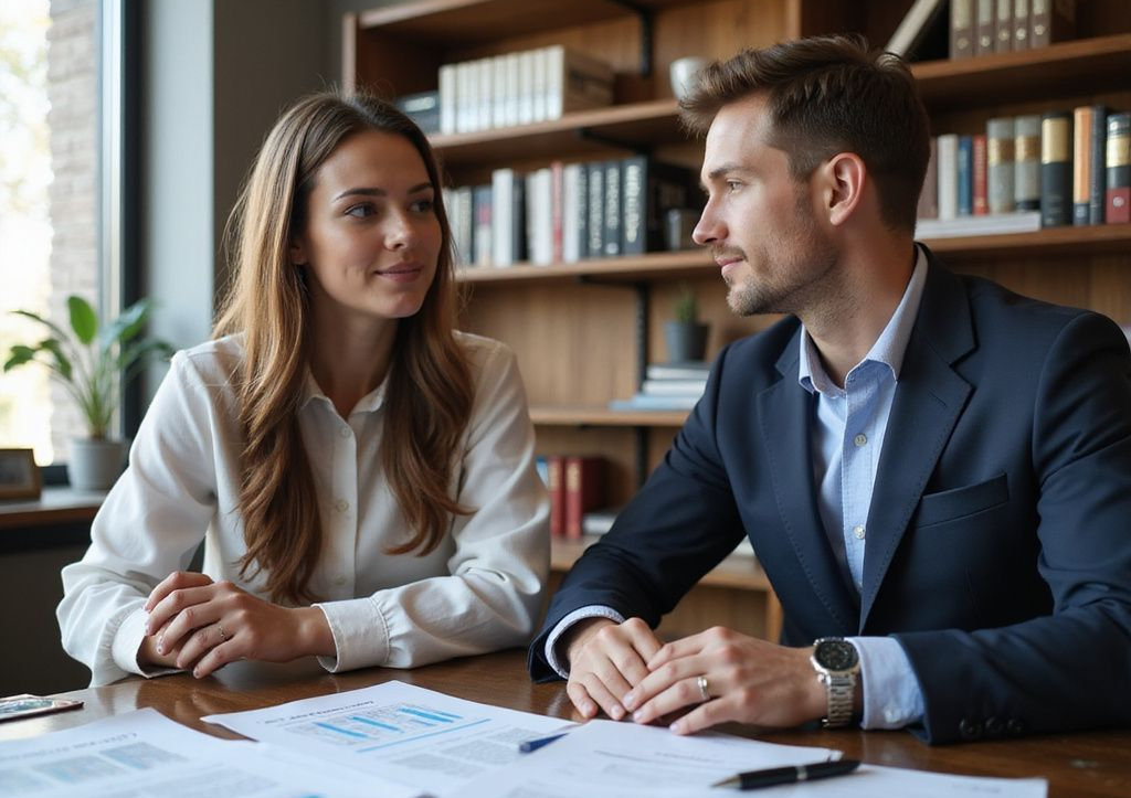 Man and woman in business attire review documents at a table, discussing.