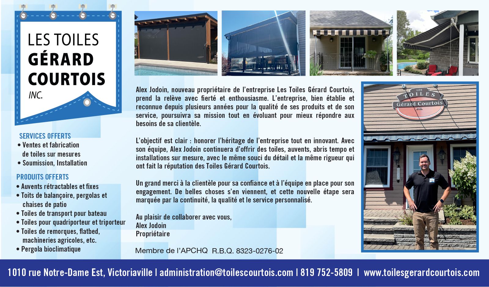 Publicité pour « Les Toiles Gérard Courtois » montrant des auvents et un homme debout devant le commerce.