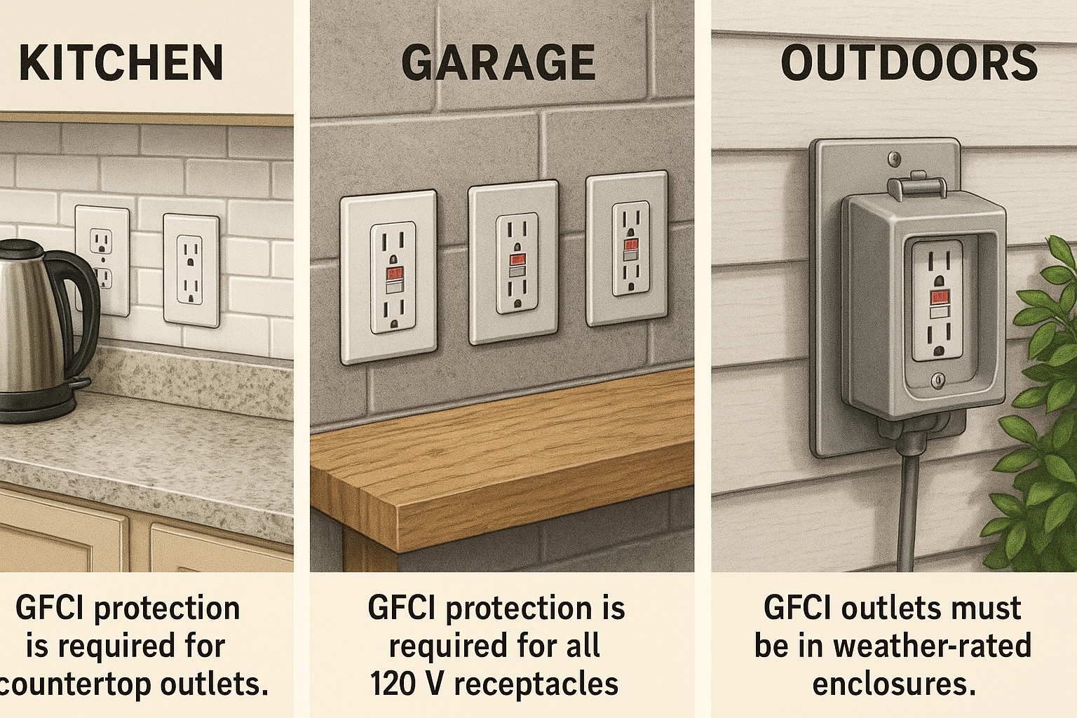 GFCI outlet installation requirements for kitchens, garages, and outdoor areas. Illustration showing GFCI outlet requirements in three locations: kitchen countertops, garage receptacles, and outdoor weather-rated enclosures.