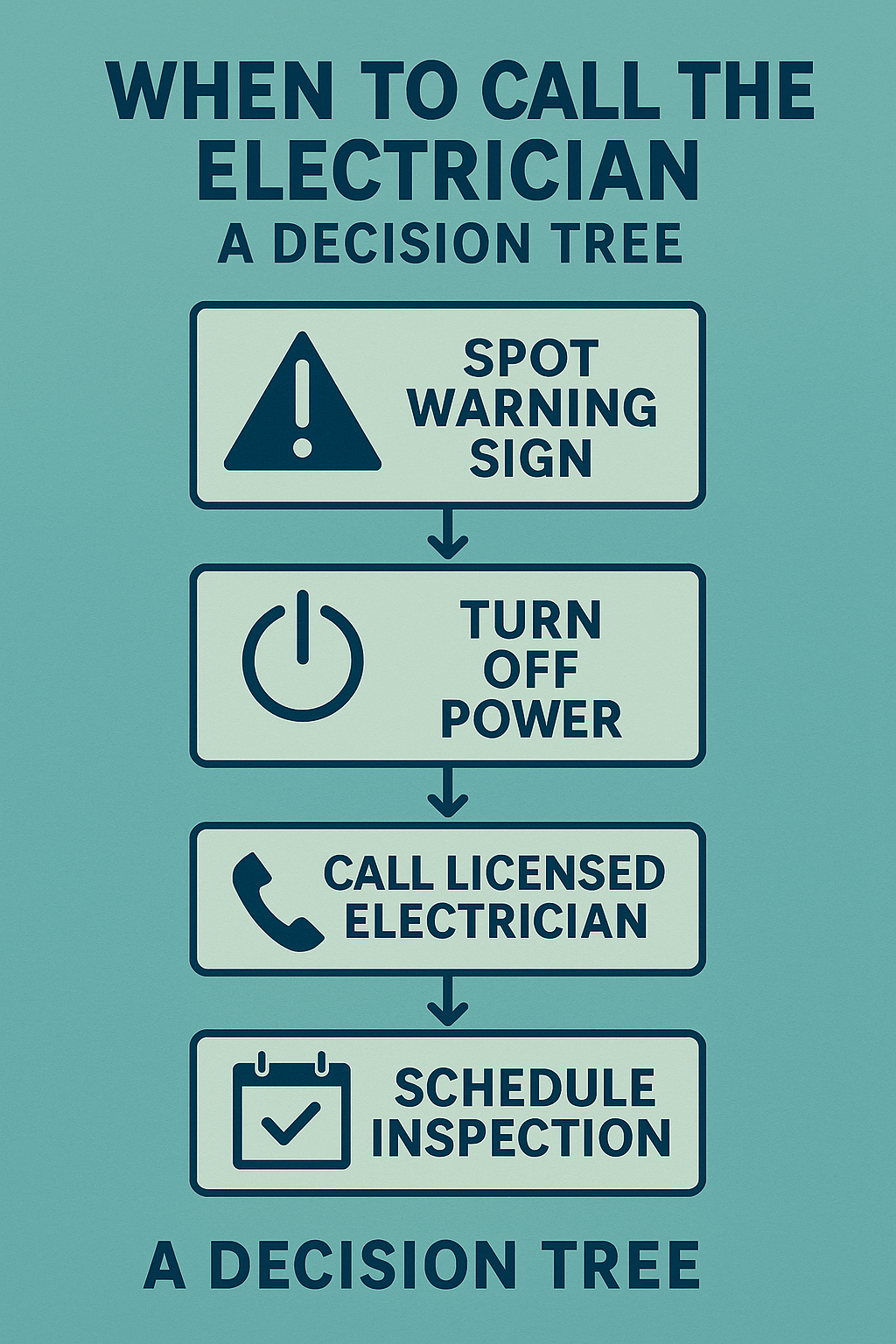 A decision tree guiding homeowners: spot a warning sign, turn off power, call a licensed electrician, then schedule an inspection. Alt text: Decision tree infographic titled “When to Call the Electrician: A Decision Tree,” showing sequential steps: spot warning sign, turn off power, call licensed electrician, schedule inspection.