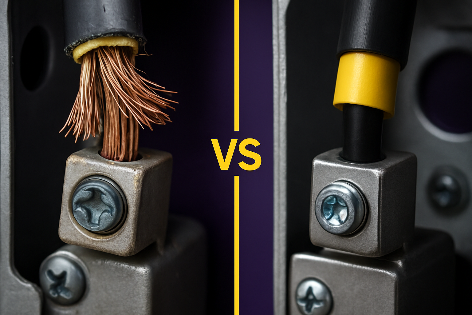 Before and after comparison of damaged versus properly maintained electrical wiring. Close-up comparison of frayed copper electrical wire versus properly insulated and secured wire connection.