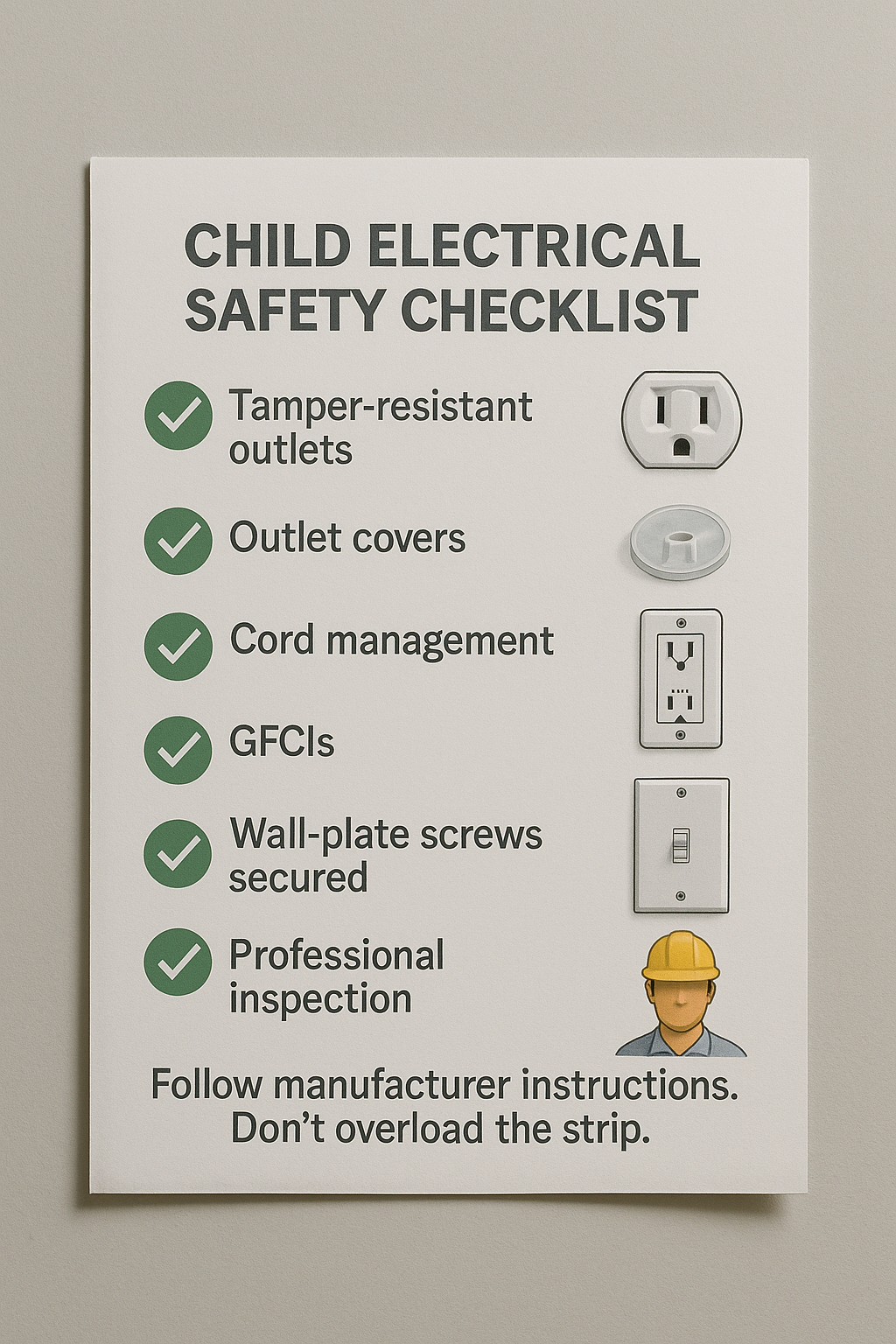 Child electrical safety checklist with six key protection steps. Printed checklist for child electrical safety showing six items: tamper-resistant outlets, outlet covers, cord management, GFCIs, wall-plate screws secured, and professional inspection.