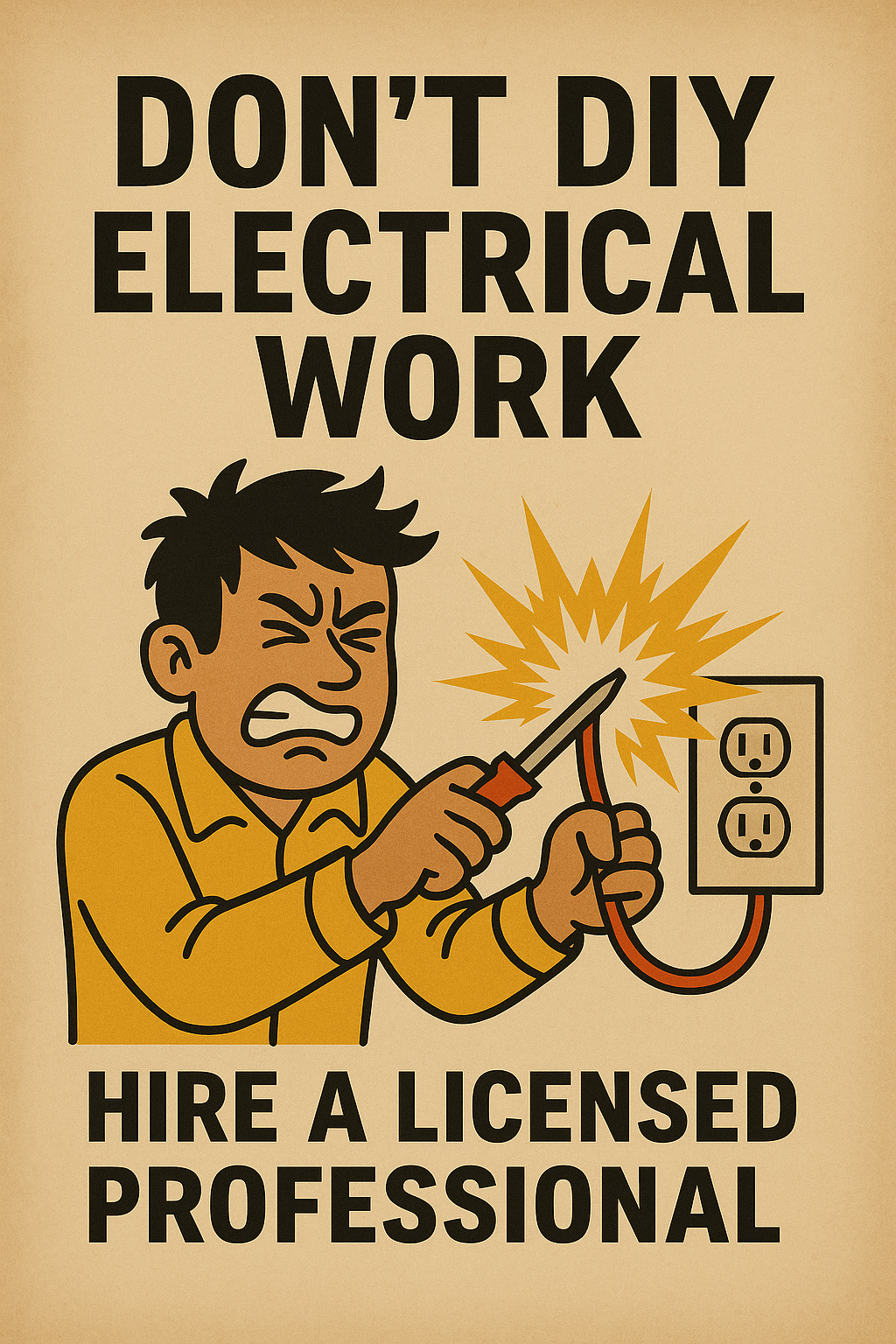 Don’t DIY electrical work—hire a professional Illustration of a person struggling with exposed wires and a screwdriver, sparks flying—highlighting the danger of DIY electrical work.