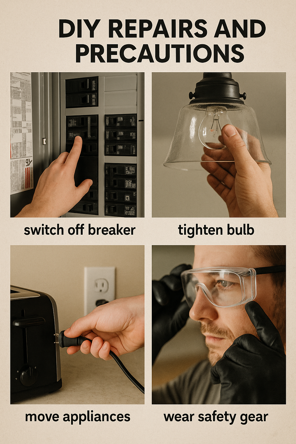 “Four-panel infographic showing: switching off breaker, tightening a light bulb, unplugging and moving appliances, and wearing safety gear.”