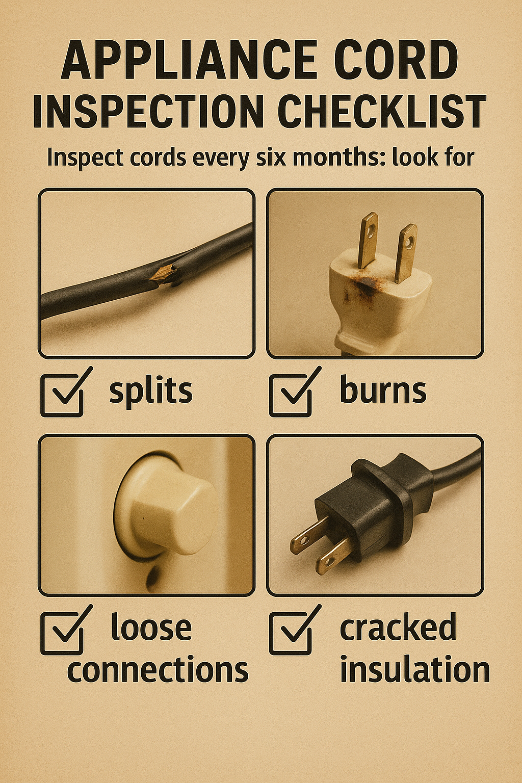 Appliance cord inspection checklist Appliance cord inspection checklist with four photos showing splits, burns, loose connections, and cracked insulation.