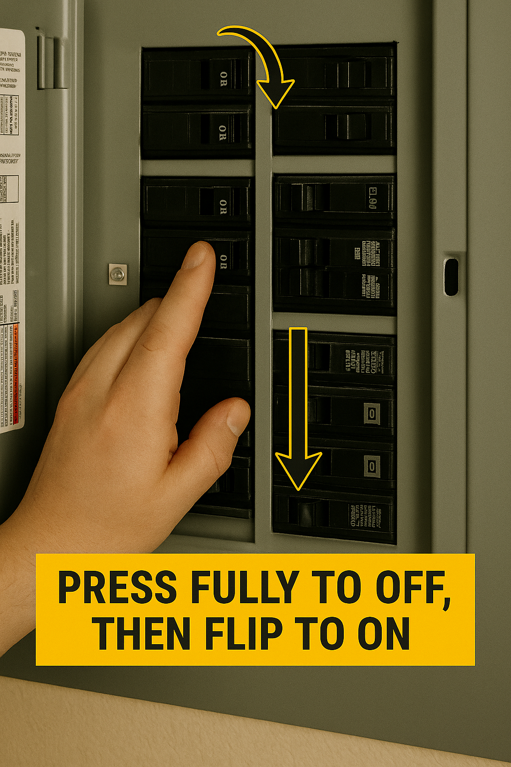 “Close-up photo of a hand resetting a tripped breaker by pressing it fully off then flipping it back on, with yellow directional arrows and instructional text.”