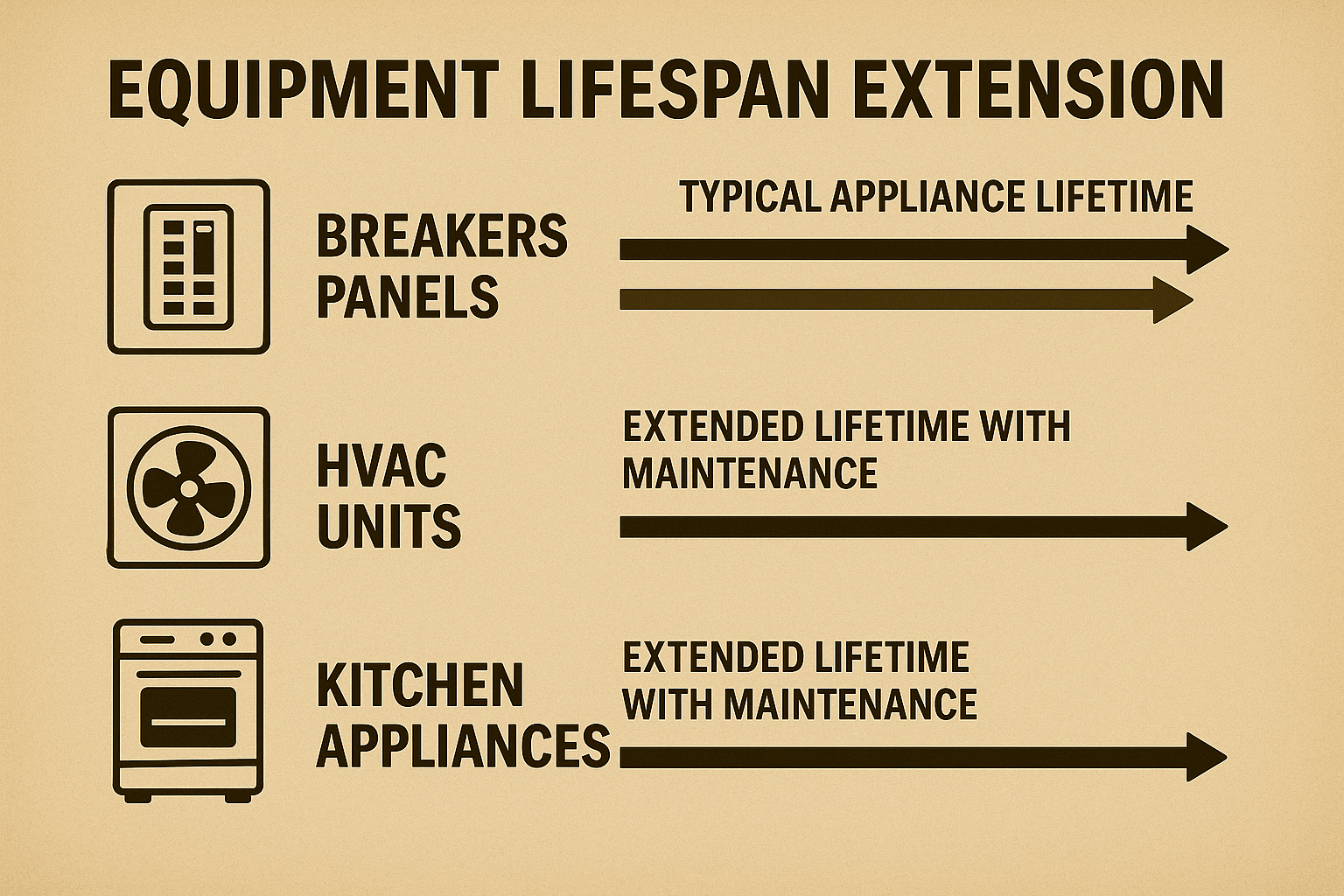 Equipment lifespan increases significantly with regular maintenance. Infographic showing how maintenance extends the lifespan of breakers, panels, HVAC units, and kitchen appliances.