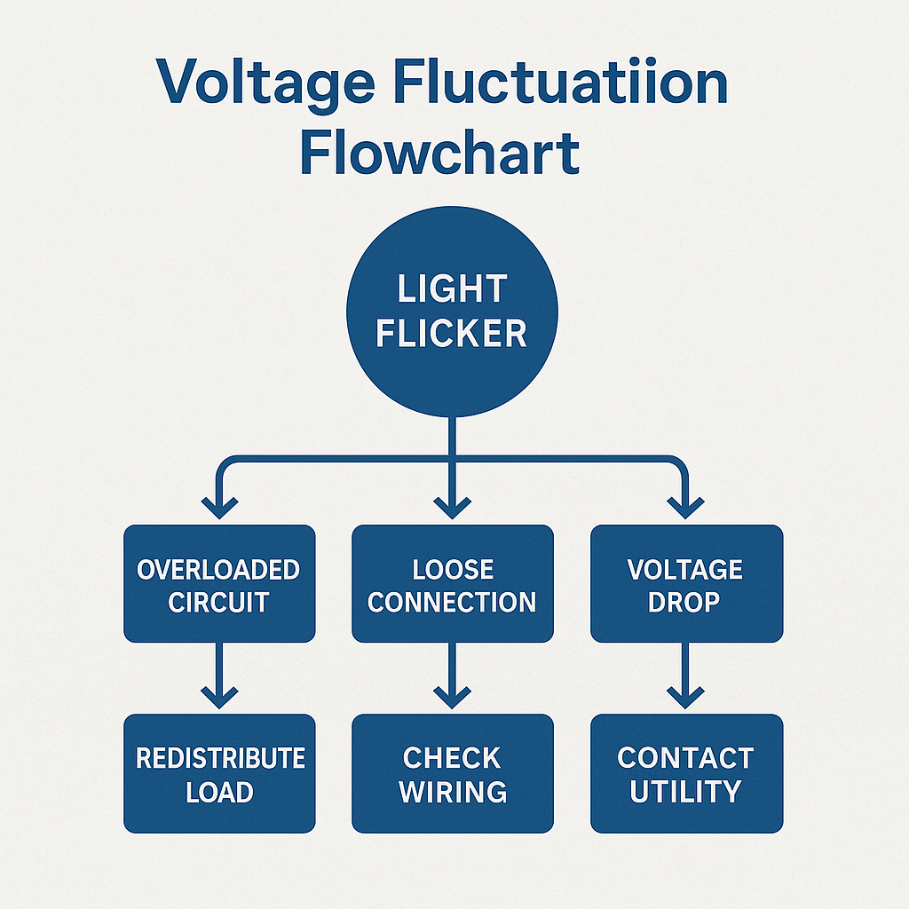 Flowchart illustrating three primary causes of light flicker—overloaded circuit, loose connection, and voltage drop—and their recommended corrective actions. Flowchart diagram showing a central circle labeled “LIGHT FLICKER” branching into three boxes—“OVERLOADED CIRCUIT,” “LOOSE CONNECTION,” “VOLTAGE DROP”—each leading to corrective actions: “REDISTRIBUTE LOAD,” “CHECK WIRING,” and “CONTACT UTILITY.”