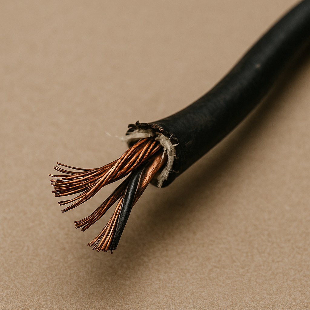 Frayed electrical cable with exposed copper wiring Close-up of a frayed black electrical cable showing exposed copper conductors against a neutral background.