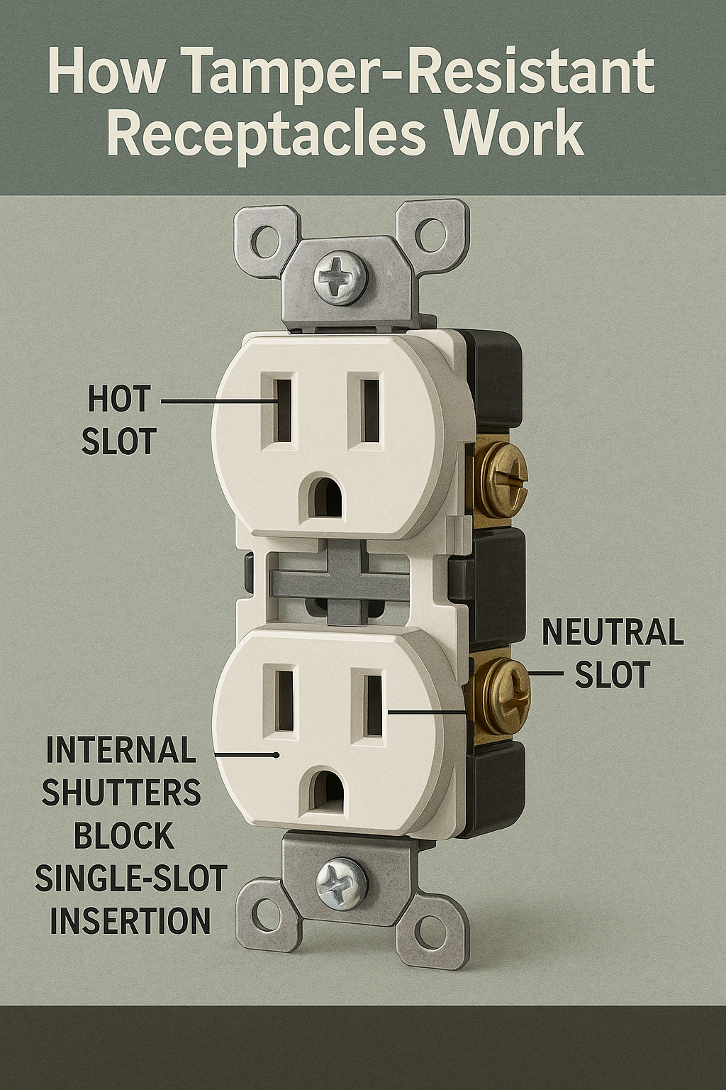 Tamper-resistant outlet diagram showing safety shutters and slot labels. Diagram of a tamper-resistant electrical receptacle showing labeled hot slot, neutral slot, and internal shutters that block single-slot insertion.